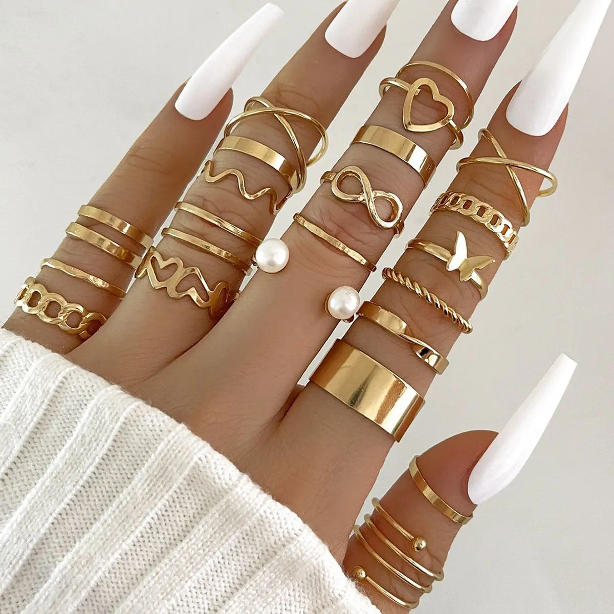 New Fashionable Butterfly Ring Opening Multi-Joint Ring Set 22 Piece Gold Silver Heart Pearl Alloy Stacked Ring For Women