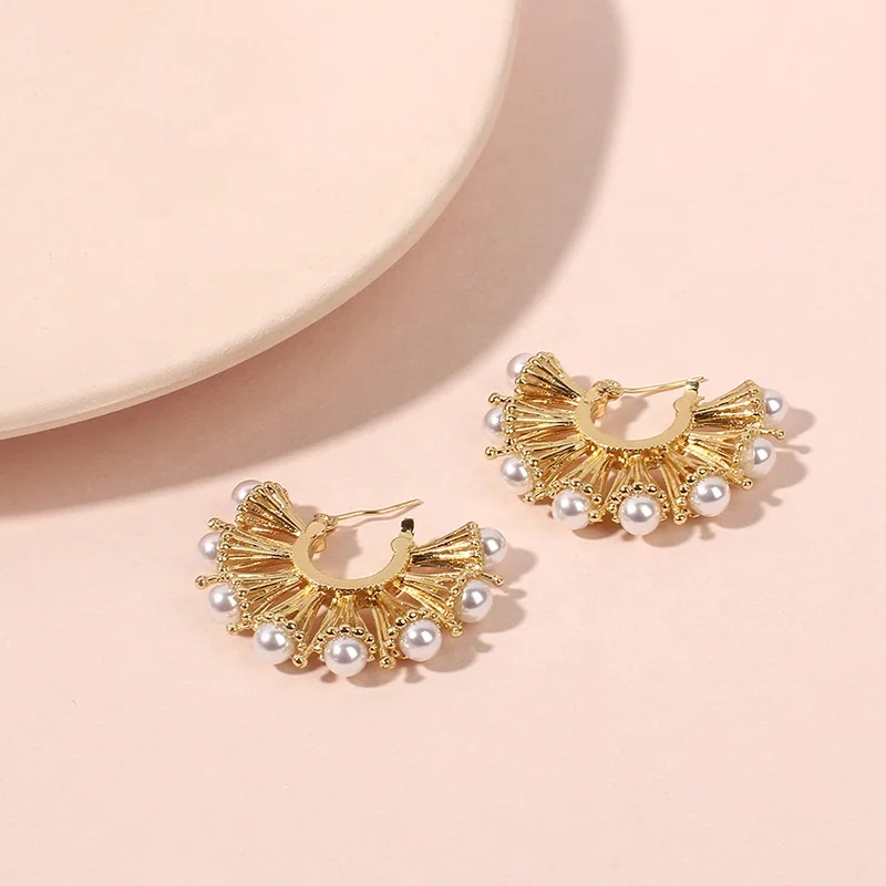  Bohemia Sector Drop Earrings Gold Peal Romantic Women