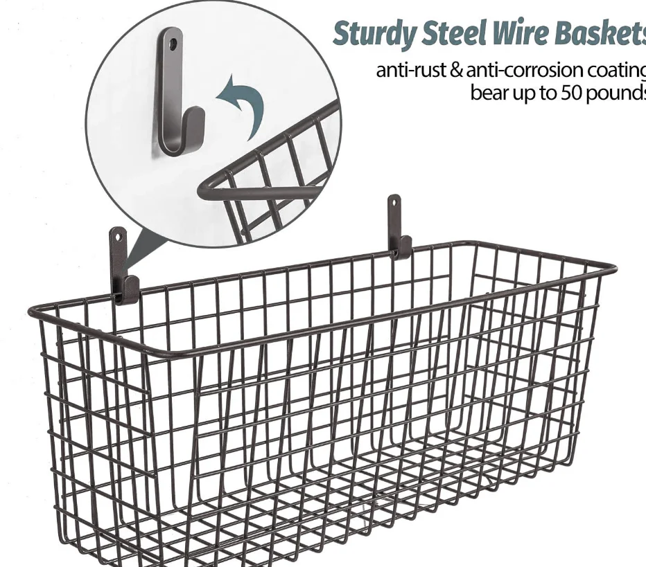 Wholesale kitchen bathroom organizer matte black wall mounted storage hanging wire basket