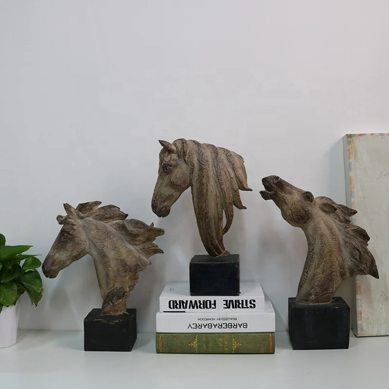 antique resin crafts home decor big size wooden horse head with base statue animal sculpture