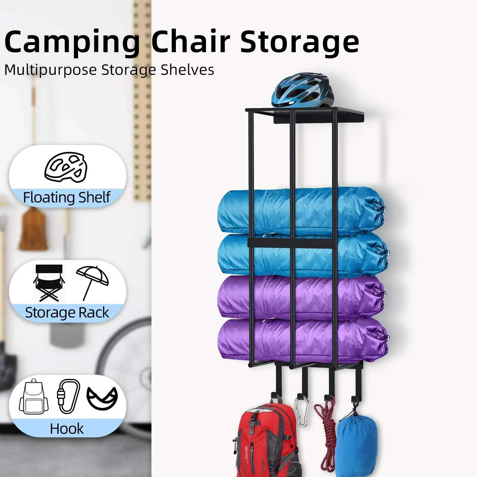 Camping Chair Wall Storage for Garage Metal Camping Chair Wall Mount Holder with 4 Hooks Beach Chair and Umbrella Wall Storage