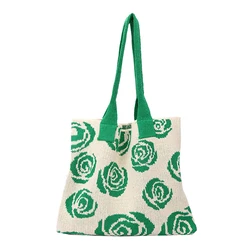 Factory Wholesale Rose Pattern Crochet Handbag Women Large Capacity Shoulder Bag Knitted Tote Bag