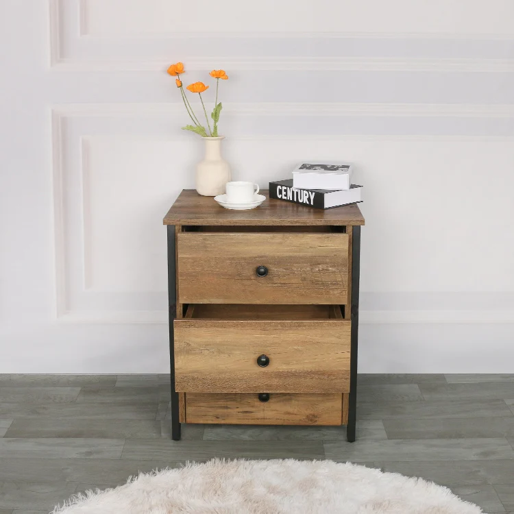 Mid-Century Industrial Design Durable Ready to Assemble Wooden Side End Table 3 Drawers Wheel Legs Nightstand Bedside Table