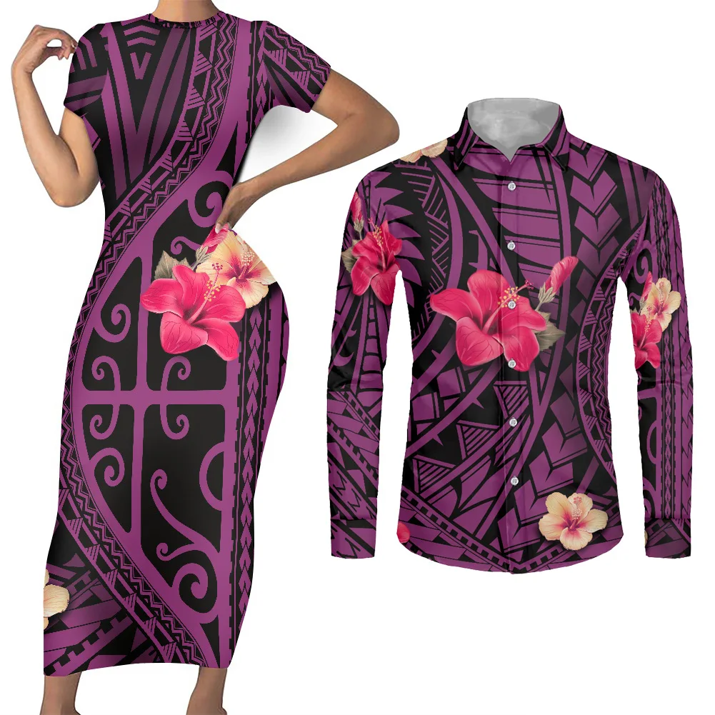 Tropical Palm Print Long Bandage Dress Straight Fit Casual Women Short Sleeve Tight Summer Dresses Polynesian Couple Clothes Set