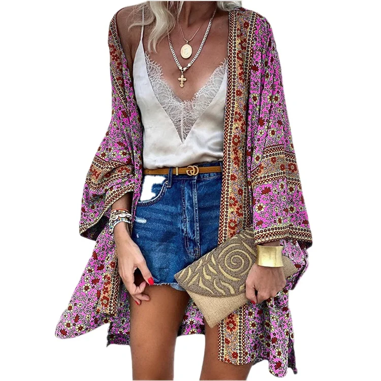 Summer Floral Printed Beach Cover Up Tops Bohemian Kimono Women Long Sleeve Cardigan Casual Loose Holiday Blouse Shirt Cover Up