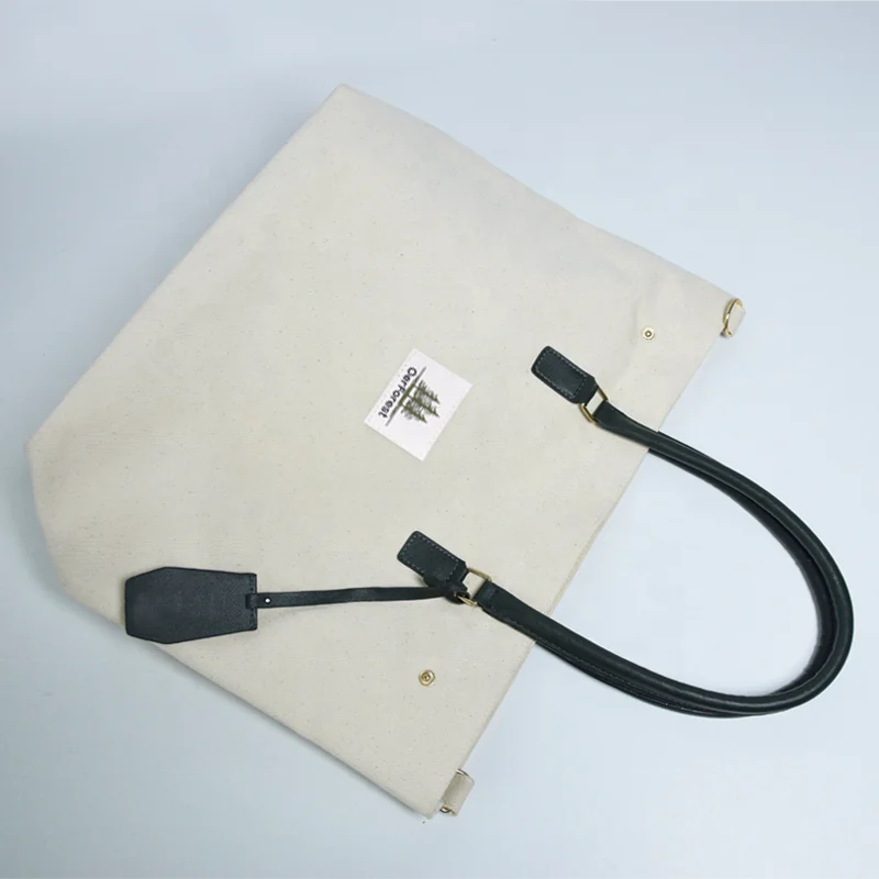 Custom Large Women Handbags 20oz Cotton Canvas Purse with Leather Handle OEM ODM Simple Work Bag