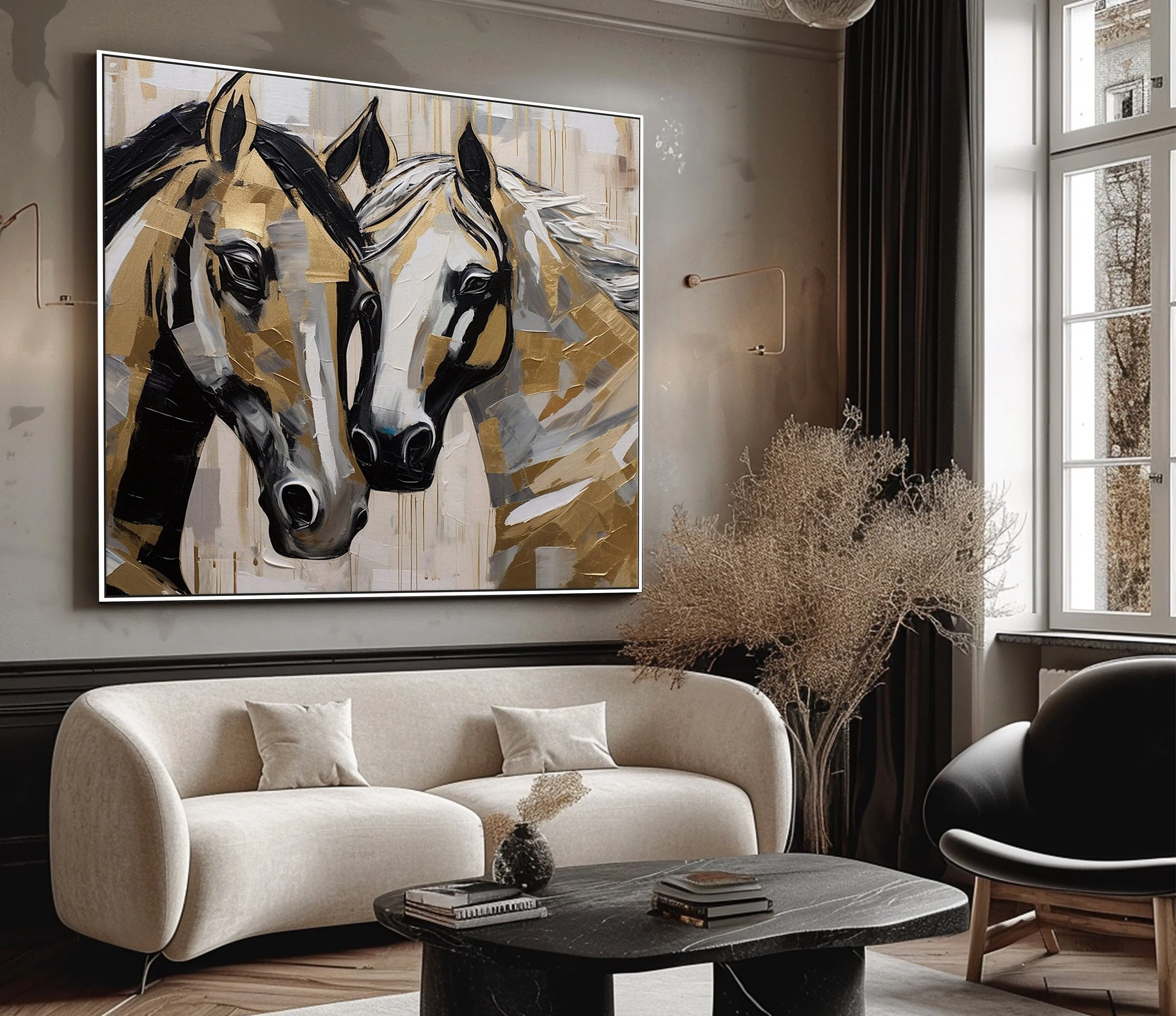 Hotel Decor Large Size Animal Horse Art Handmade Oil Horse Painting with Gold Foil