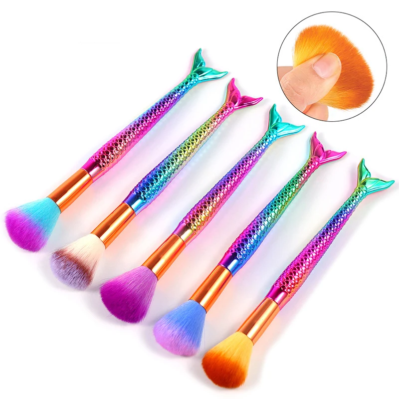Nail Art Brush Pen Mermaid Soft Fluffy Dust Clean Glitter Powder Remover Gradient Color Metal Handle Blush Makeup Tools
