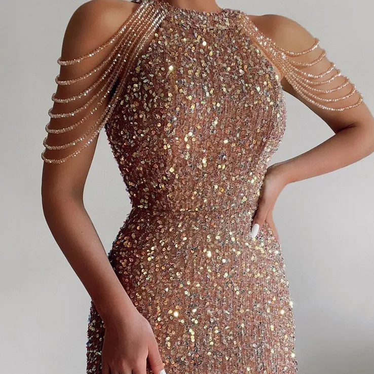 PDEP 2022  new fashion neck dresses women sexy crystal tassel lady sequin dress party evening dress for women