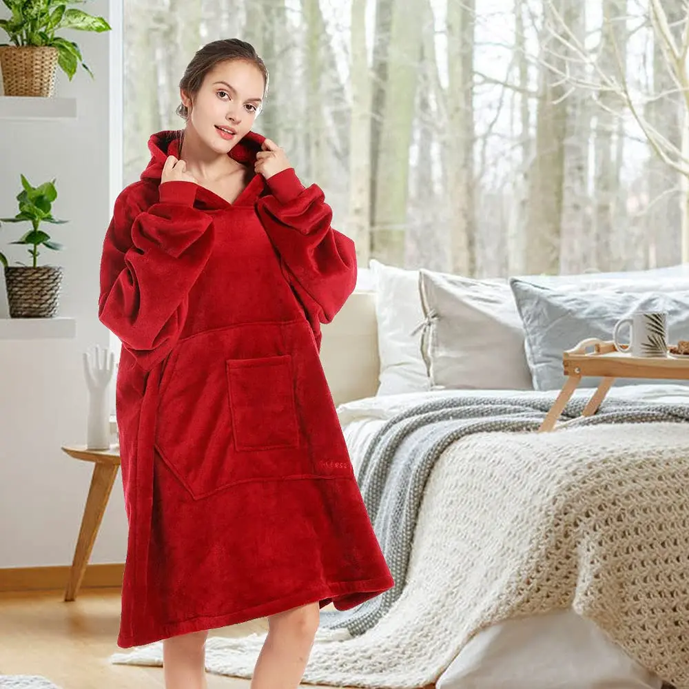 Adult Plush Fleece Hooded Blanket Sweatshirt Oversized Sherpa Wearable Hoodie Blanket with Pockets and Sleeves