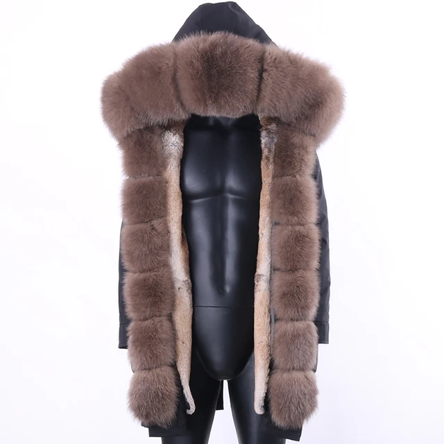 Men Winter Long Coat Real Fur Hooded Jacket Nature Rabbit Fur Lined Outwear Man Real Fur long Parka