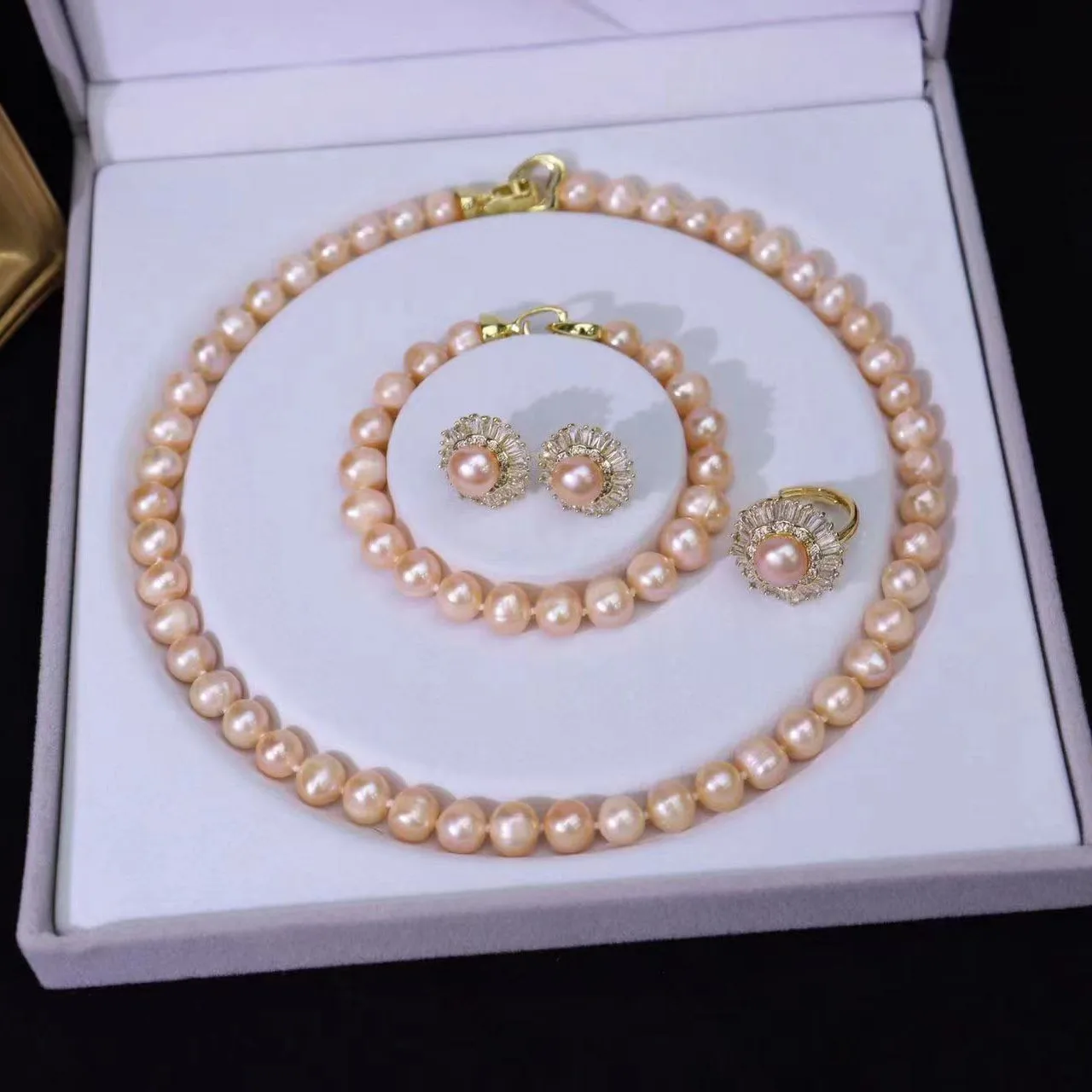 JC Crystal Good Quality 8-9mm Fresh Water Pearl Necklace Set