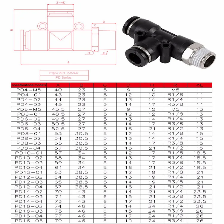 
PD T Type Side Male Threa 3 Way Air Fittings Quick Connect Air Hose Fittings One Touch Pneumatic Fittings for Air Industry 
