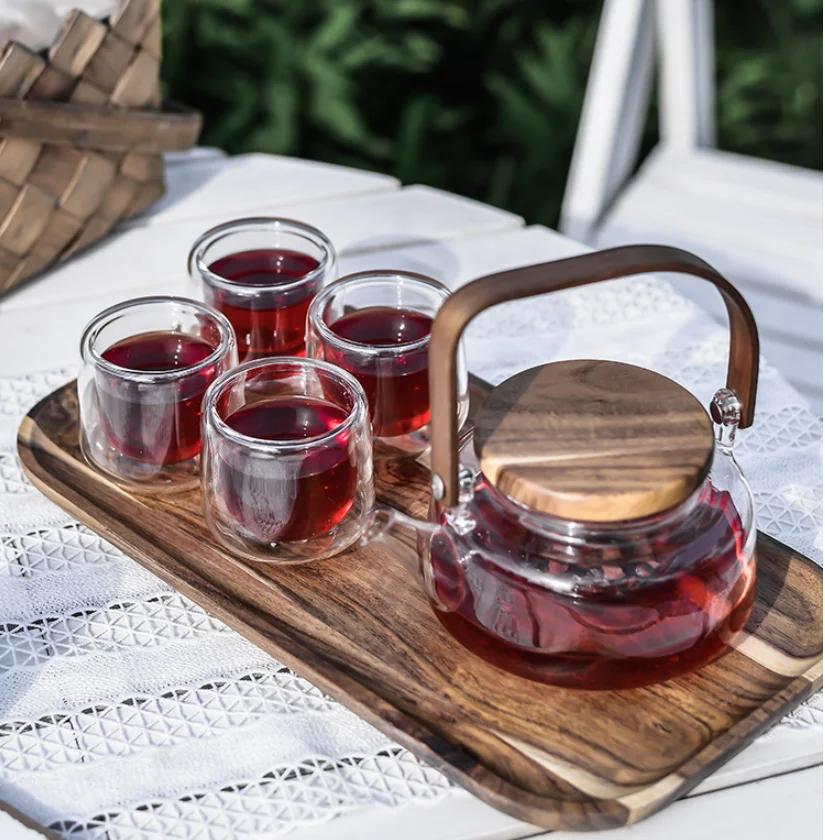 
Elegant Double Wall Tea Pot Glass Set With Bamboo Lid 