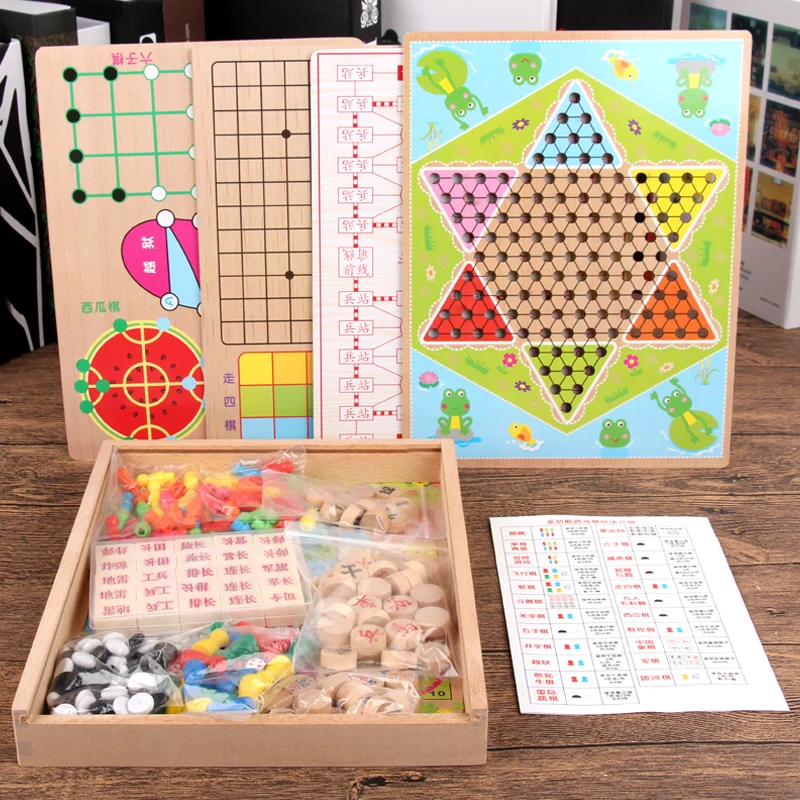 Hot Sale Classic Wooden Educational 2 in 1 Board Game Animal Flight Checkers Chess Game Board for Kids