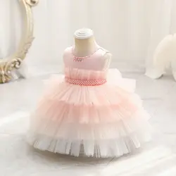 Милое детское плиссированное платье из тюля без рукавов с жемчужным поясом и цветным градиентом Многоярусное для торта принцессы на день