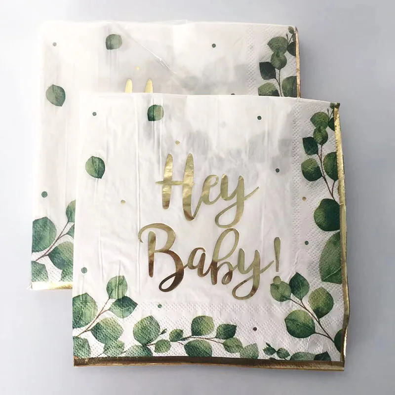 Green leaf gold foil printed paper napkins for decoupage hand towels disposable cutlery set with napkin