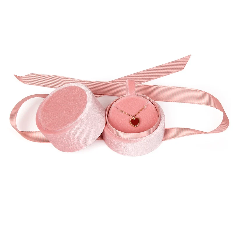 Customized Hot Sale Gift Jewelry Packaging Pink Velvet Round Bowknot packaging Velvet Jewelry Ring Box With Ribbon