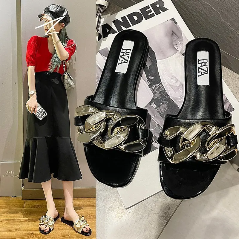Korean Latest Summer Metal OAutersole Women Pu Leather Slide Slippers Gold Chain Flat Shoes Add My Logo Name On Womens Sandals