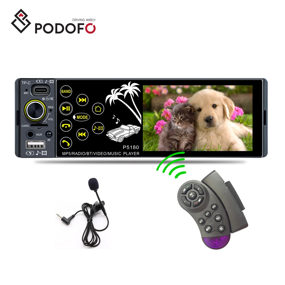 Podofo 3.8' IPS Capacitive Touch Screen Car Radio Autoradio Car MP3 MP5 Player BT USB Steering Wheel Control & Mic