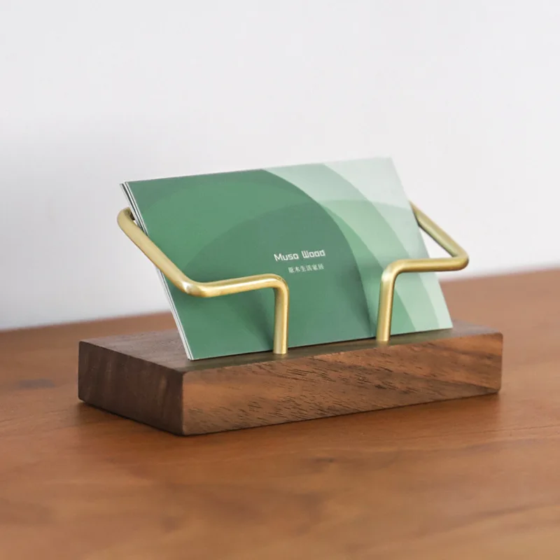 Walnut Brass Business Card Holder Wooden Clip Metal Frame Solid Wood Card Holder Signature Box