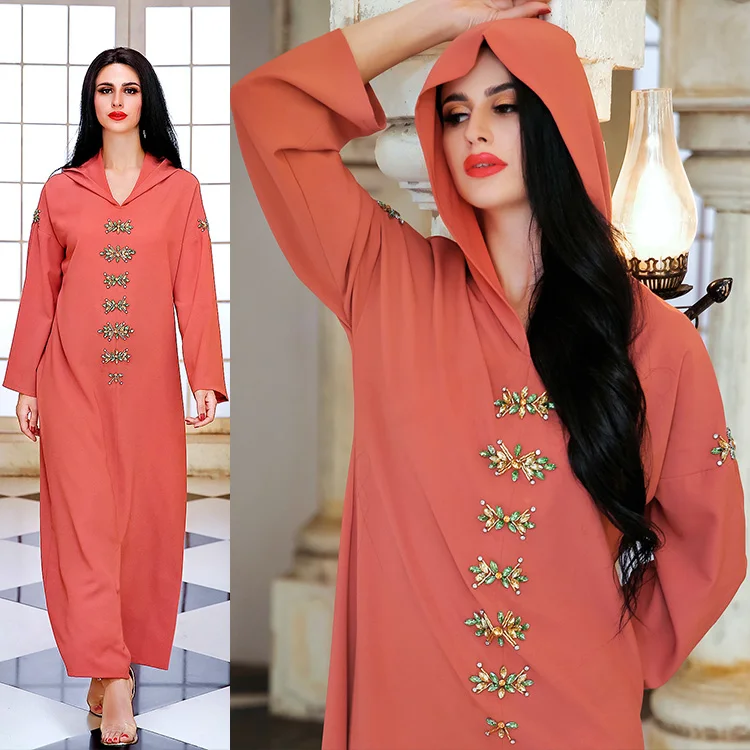 Southeast Kaftan Dress Kaftans Dubai Arabic Muslim Abaya Women 2021 Moroccan Red Handmade Diamond Hooded Turkish Robe