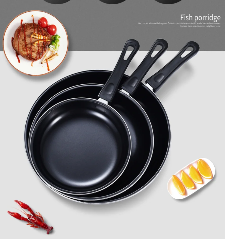 Carbon Steel Black Nonstick Fry Pan kitchen Cookingware Set Fry Pan With Long Handle Three sizes carbon Steel Cookware Fry Pan