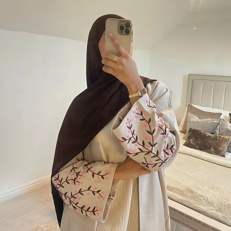 Habib embroidered European American style muslim polyester linen abaya dresses fashionable modest traditional Islamic clothes