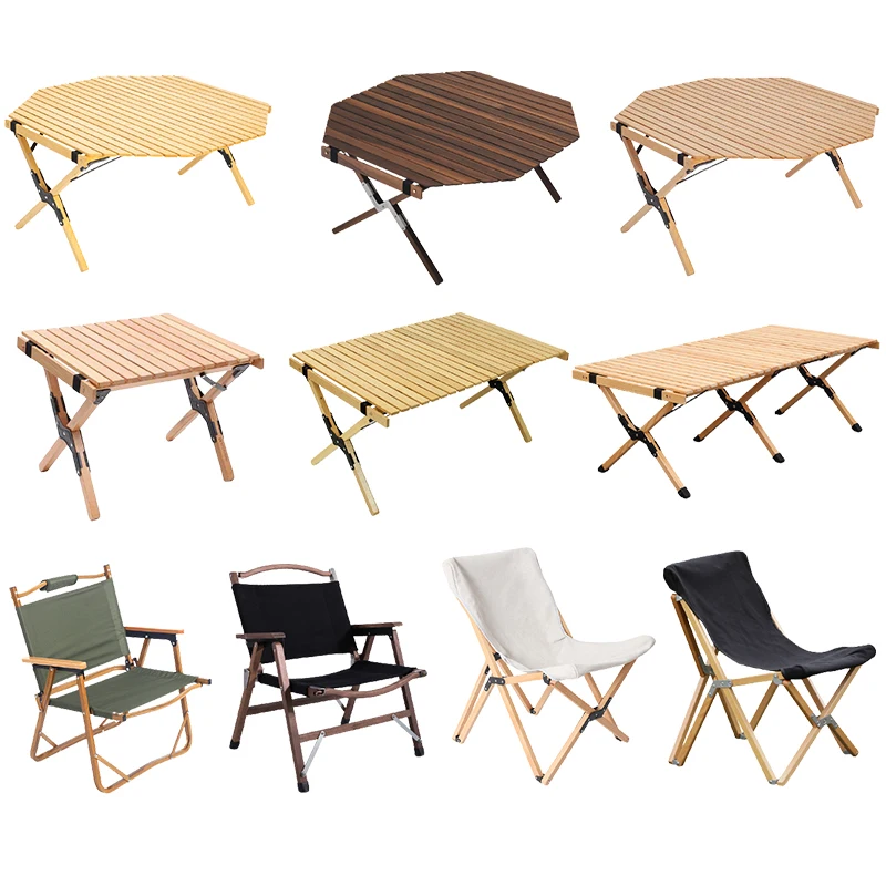 
OEM furniture bamboo mini round small egg roll up solid outdoor camp easy portable bbq wine picnic wood fold table and chair set 