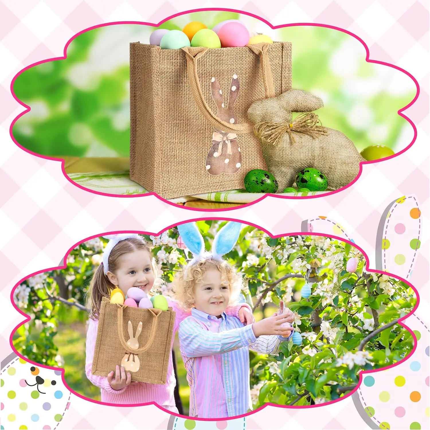 Pamela Easter Burlap Bags Bunny Jute Easter Baskets Spring Egg Hunts Candy Gift Tote Bag for Easter Kids Boys Girls