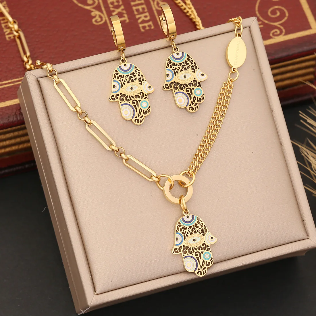 Новое поступление 18K позолоченные из нержавеющей стали Lucky Hamsa ручная Серьга браслет ожерелье комплект ювелирных изделий для женщин