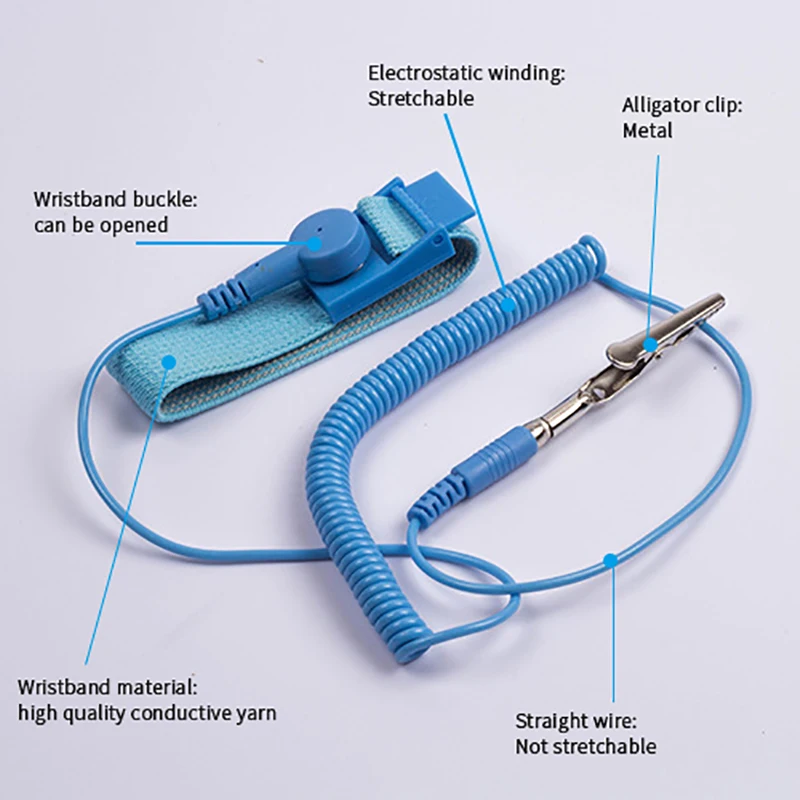 Blue Color Adjustable Elastic Band ESD Wrist Strap 1.8m Custom Antistatic Bracelets