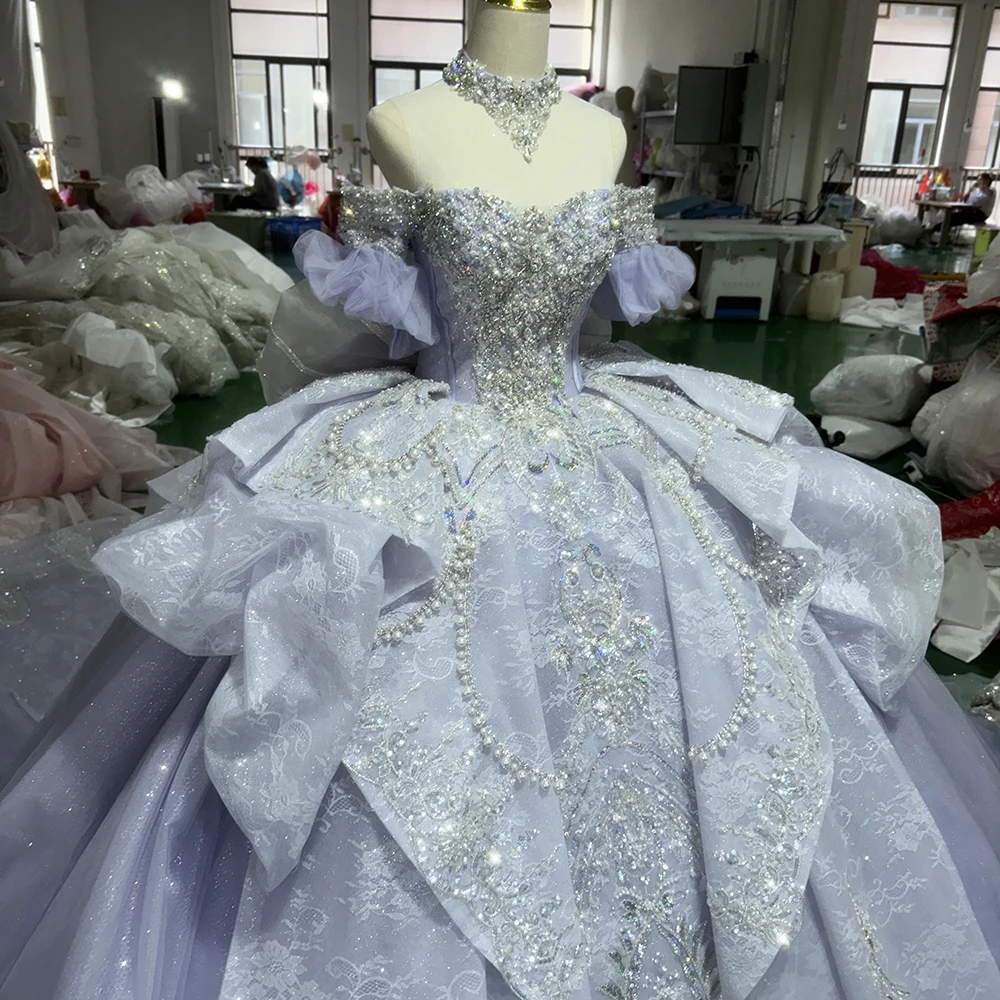 Light Purple Off-Shoulder Maxi Ball Gown Beaded Embroidery Shining Sleeveless Party Dresses Women Colourful Dress Jxs01