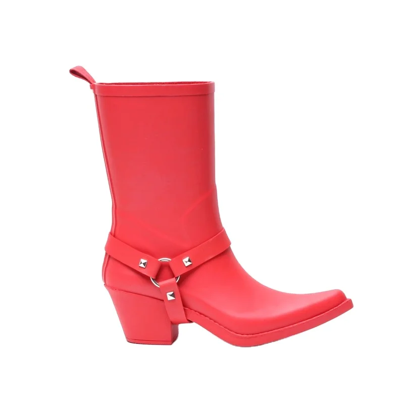 Popular high heel red half gumboots for women, pointed rain boots