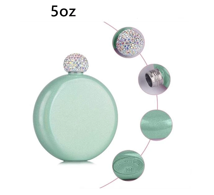 Круглая фляжка из нержавеющей стали с крышкой со стразами, 5 унций