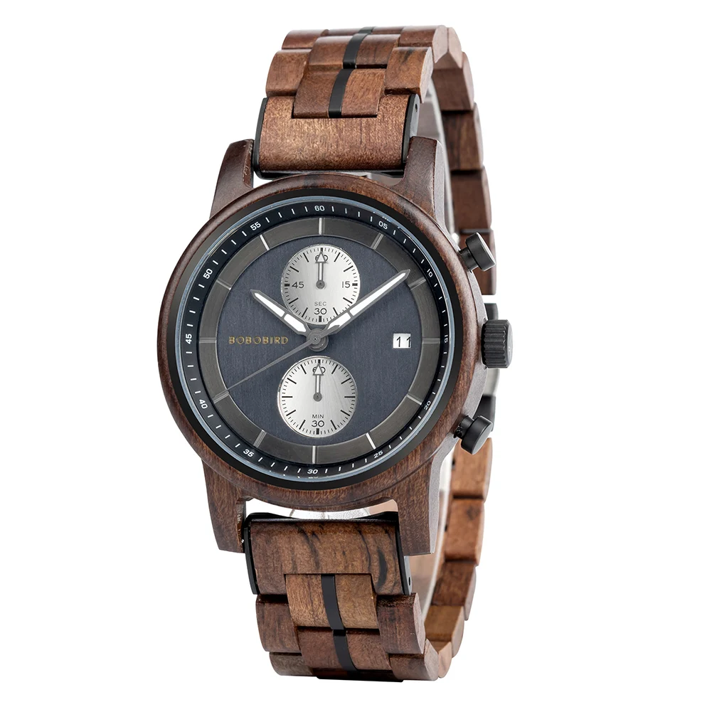 Art Design High Quality Waterproof Quartz Wood Watch Chronograph with Hand Display Buckle Clasp Custom Logo OEM Low MOQ