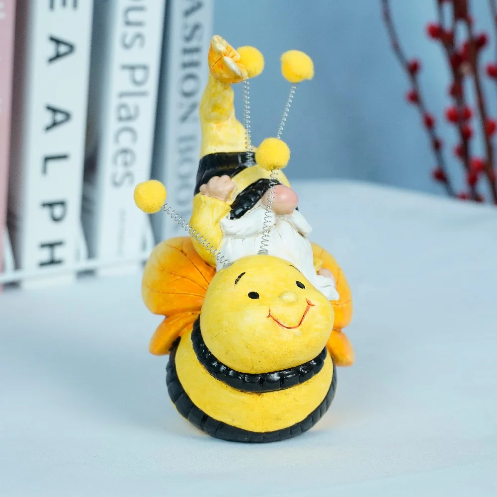2023 Garden Gnome Statue Resin Spring Bee Gnome Figurine Siting on the bee for Lawn Ornaments Outdoor Decoration