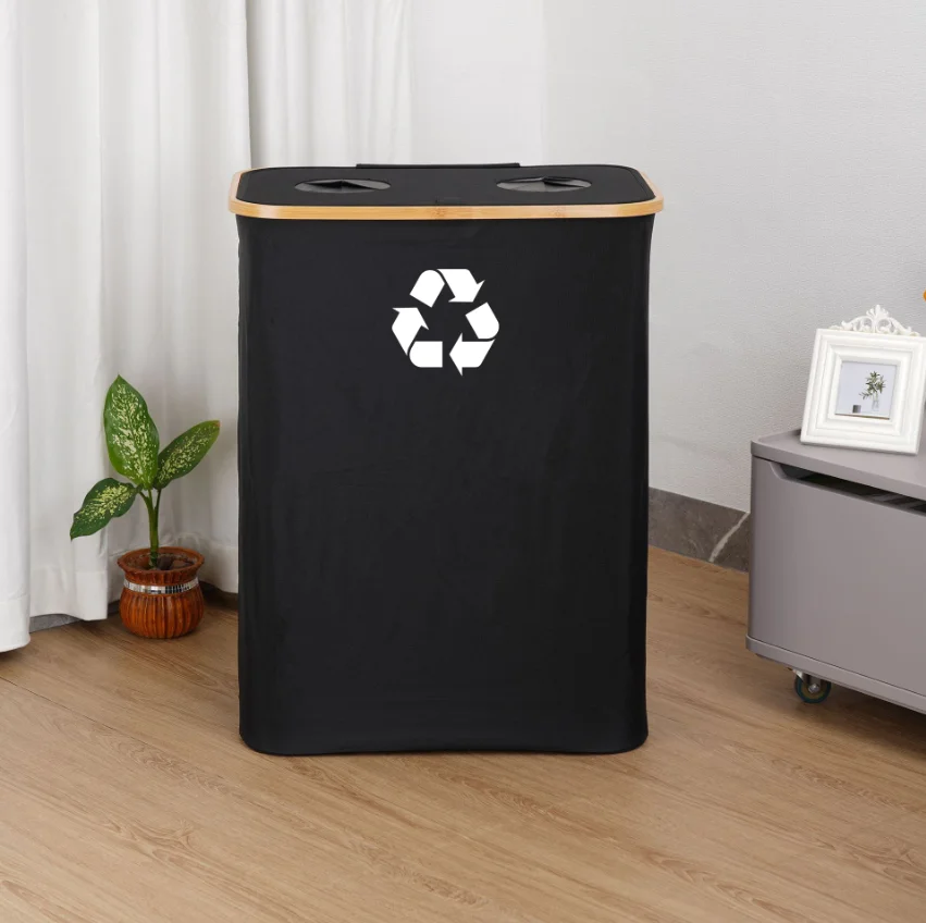 Customization Large Bamboo Black Grey Kitchen Recycling Bin Deposit Bottle Storage Recycling Bottle Basket
