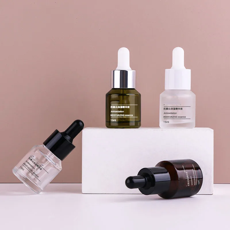 Wholesale 15ml green clear frosted amber glass dropper bottle with white rubber dropper essence oil  bottles with good price