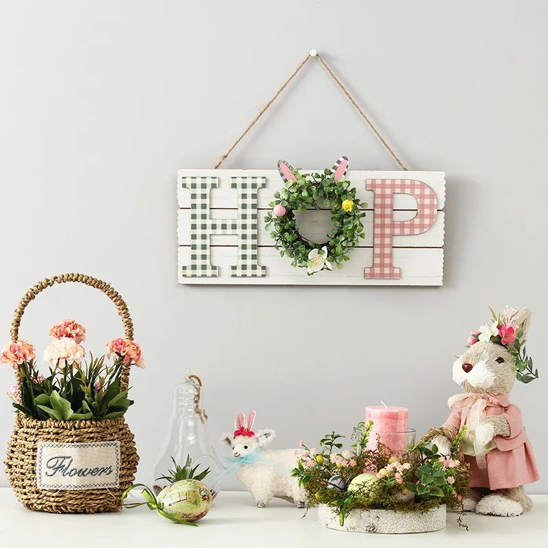 SH-223 Easter Bunny Wood Hanging Sign with Small Artificial Wreath Decorations Hop Sign