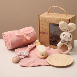 2023 Hot Sale Newborn Shower Gift Set Box Baby Muslin Cotton Blanket Teething Baby Rattle Milestone Wooden Toy Set
