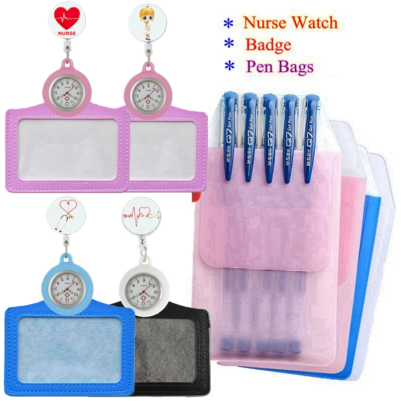 New nurse doctor Glass Cabochon Stethoscope pocket watches Clip Retractable Reel ID Badge Name Holder pen bags gift watches