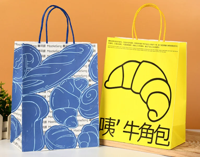 Customized Brown Recyclable Kraft Paper Bag Fast Food Take Away Twisted Handle Shopping Bag