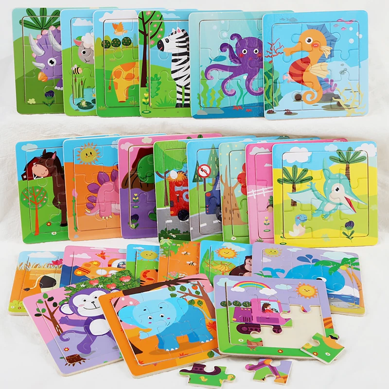 New 9 Pieces Cartoon Dinosaur Animal Car Puzzles toys Early Educational Montessori wooden Jigsaw Puzzles Toys For children CE