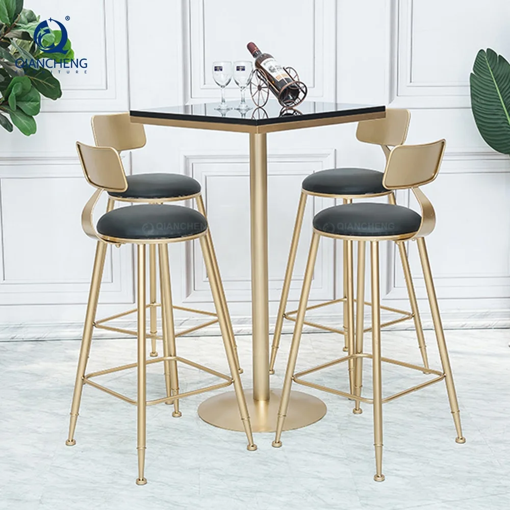QIANCHENG new backrest synthetic leather brass metal upholstered bar stool high chair table set suppliers luxury club silla bar
