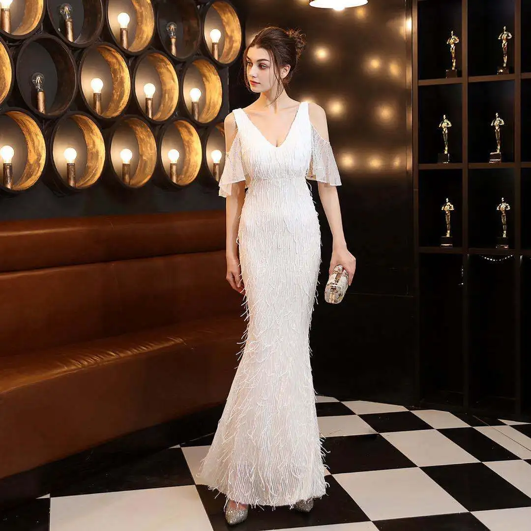 Sequin Tassel Drill Off Shoulder Sleeve Fish Tail Evening Dress Women Prom Wedding Dresses