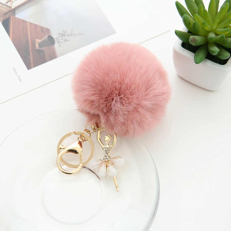
Faux Rabbit Fur Pom Pom Angel Ballet Girl Designer Key Chain for Ladies Keyrings Metal Charm Acessories Pendant Women 1054A 