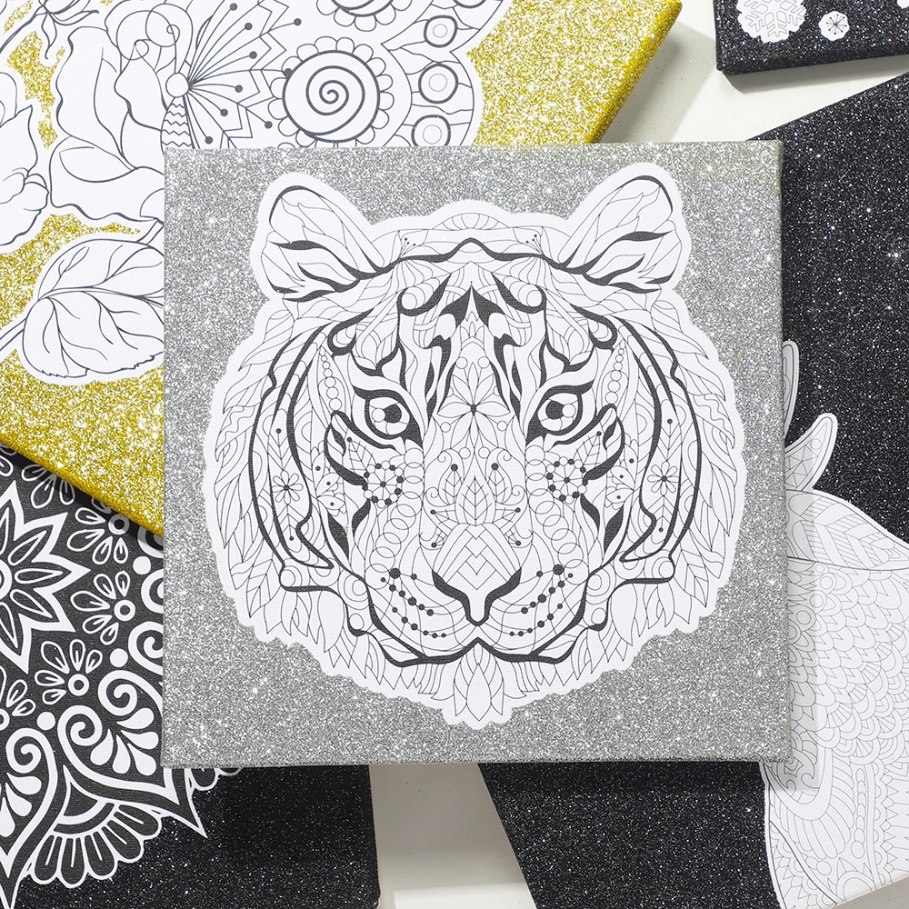 New design DIY glitter silver tiger white pure cotton head painting canvas frame