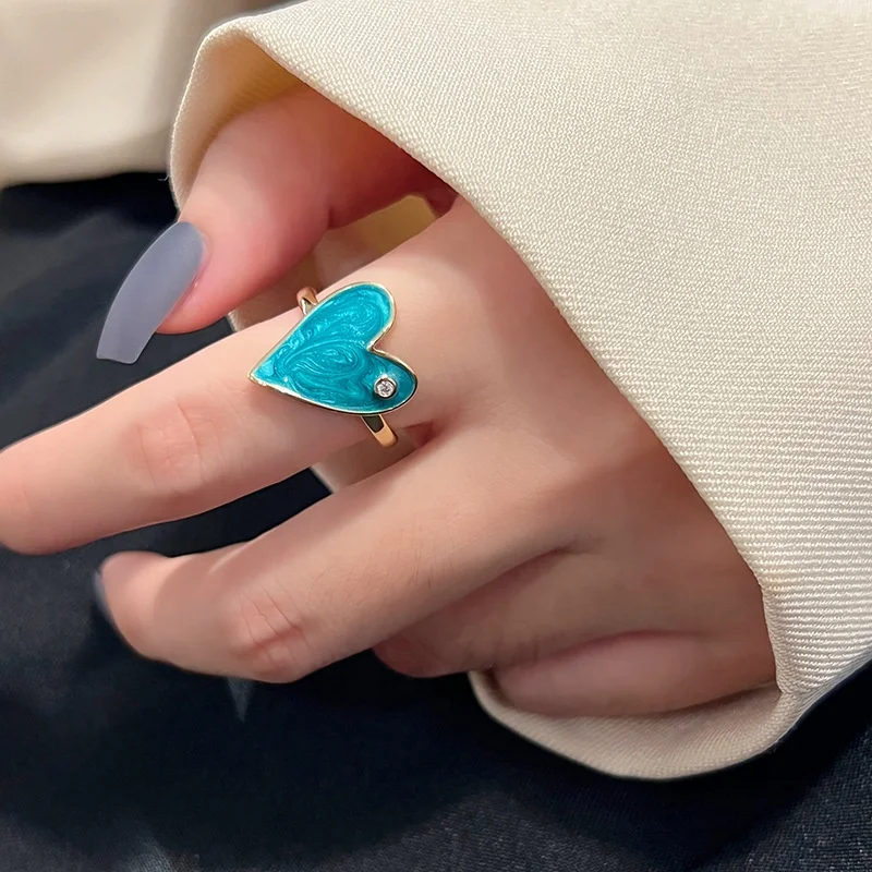 Handmade Enamel Heart Ring Blue Black  Purple Coloful Dripping Oil Silver Ring High Quality Hot Sale Free Print Logp Enamel Ring