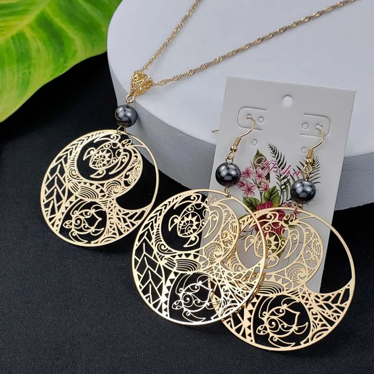 
Hawaiian fashion plated gold pearl pendant necklace earrings jewelry set for women 